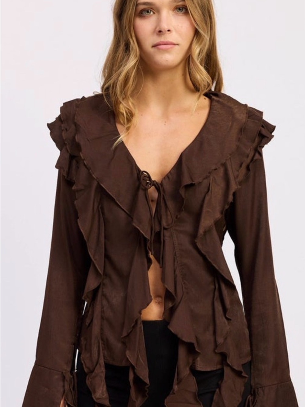 emory park Brown Ruffle Tie-Front Blouse